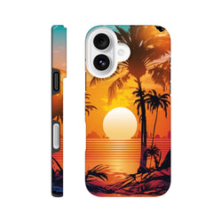 Retro tropical sunset iPhone case featuring palm tree silhouettes and vibrant orange ocean gradient design for beach style.