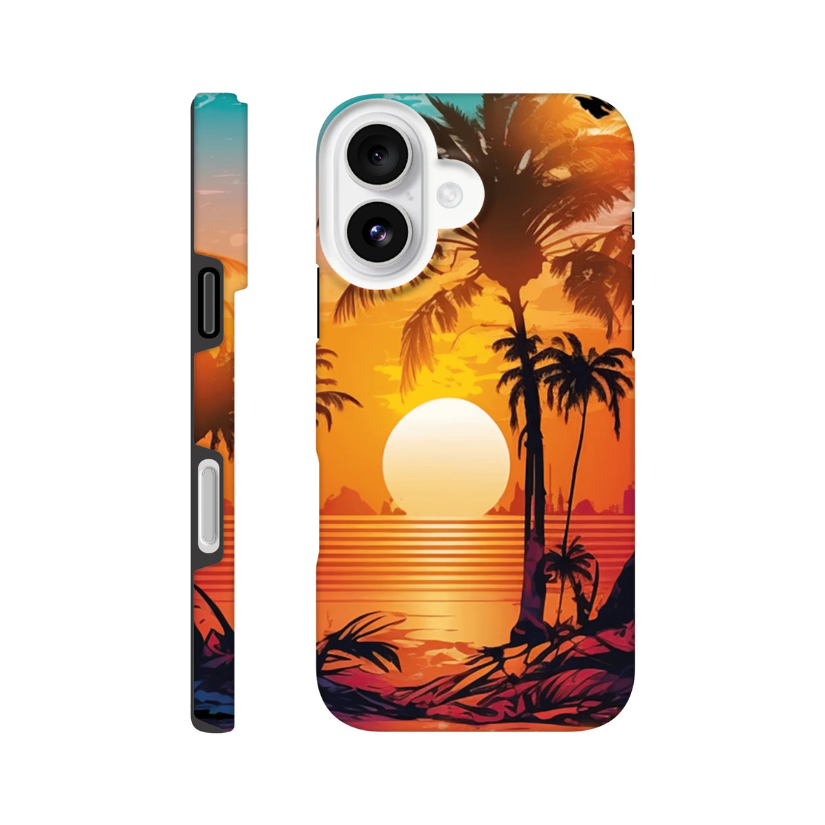 Retro tropical sunset iPhone case featuring palm tree silhouettes and vibrant orange ocean gradient design for beach style.