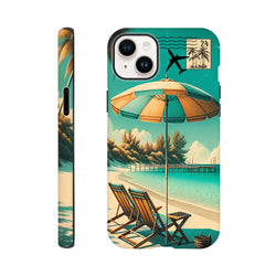 Vintage beach holiday iPhone case featuring retro coastal art with striped umbrella, deck chairs, and airplane postmark design.