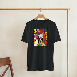 Black men's t-shirt featuring a colourful retro pop art red-haired girl print, styled as a bold 70s streetwear top.