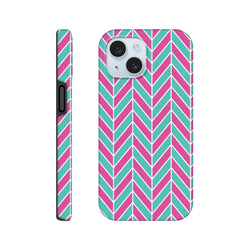 Pink and turquoise herringbone tough iPhone case with geometric chevron pattern and glossy finish for shock absorption.