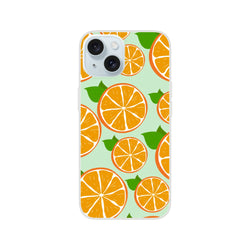 Cute orange fruit iPhone case with citrus slices on a matte frosted mint background.