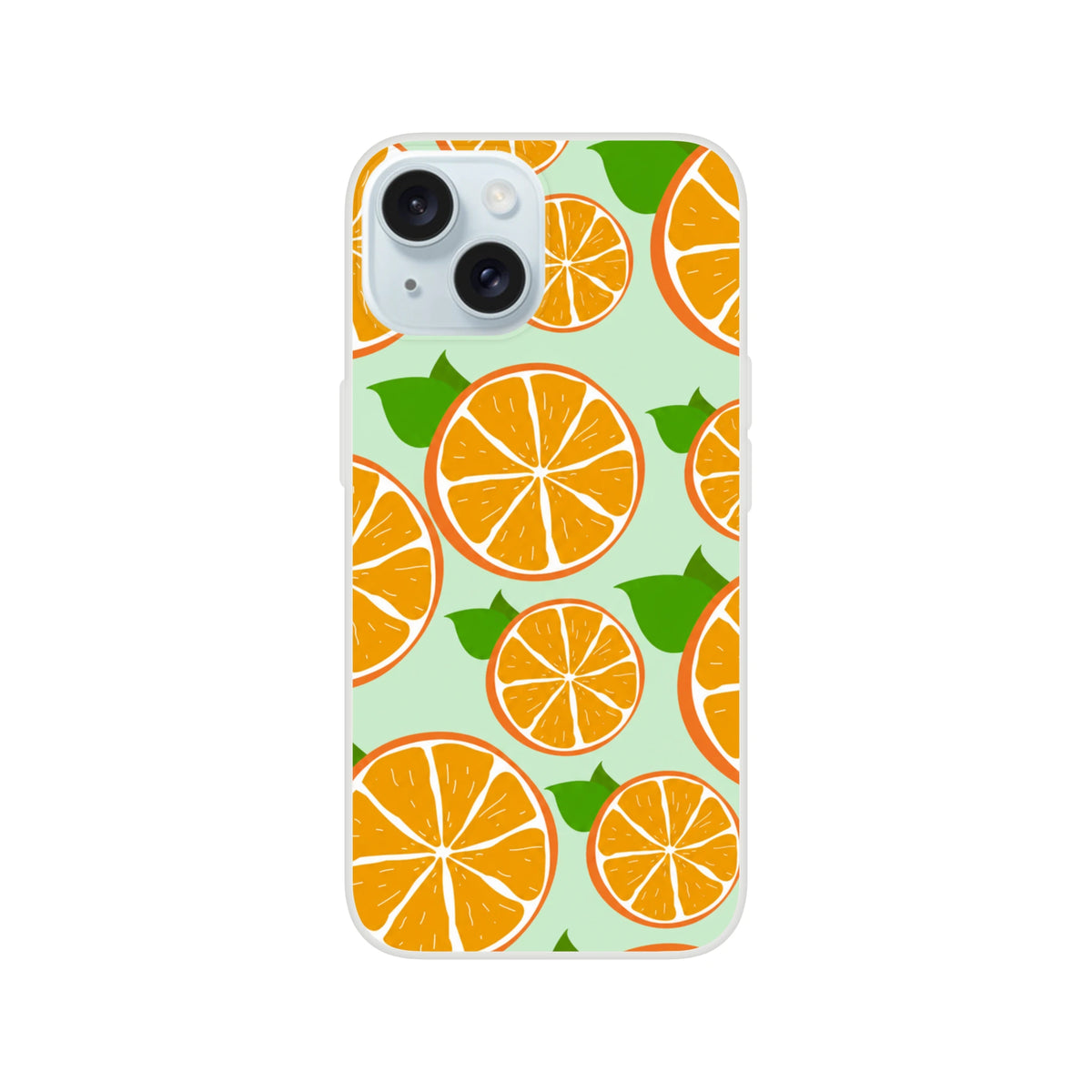 Cute orange fruit iPhone case with citrus slices on a matte frosted mint background.