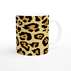 Classic leopard print mug with tan, black, and orange spots for a bold retro, streetwear-inspired coffee cup.
