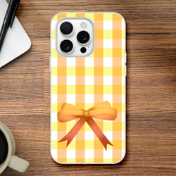 Yellow gingham bow iPhone case for 13-15, cute coquette aesthetic.