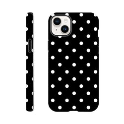 Black and white polka dot tough iPhone case featuring a cute vintage design with shock-absorbing TPU core and durable dual-layer protection.
