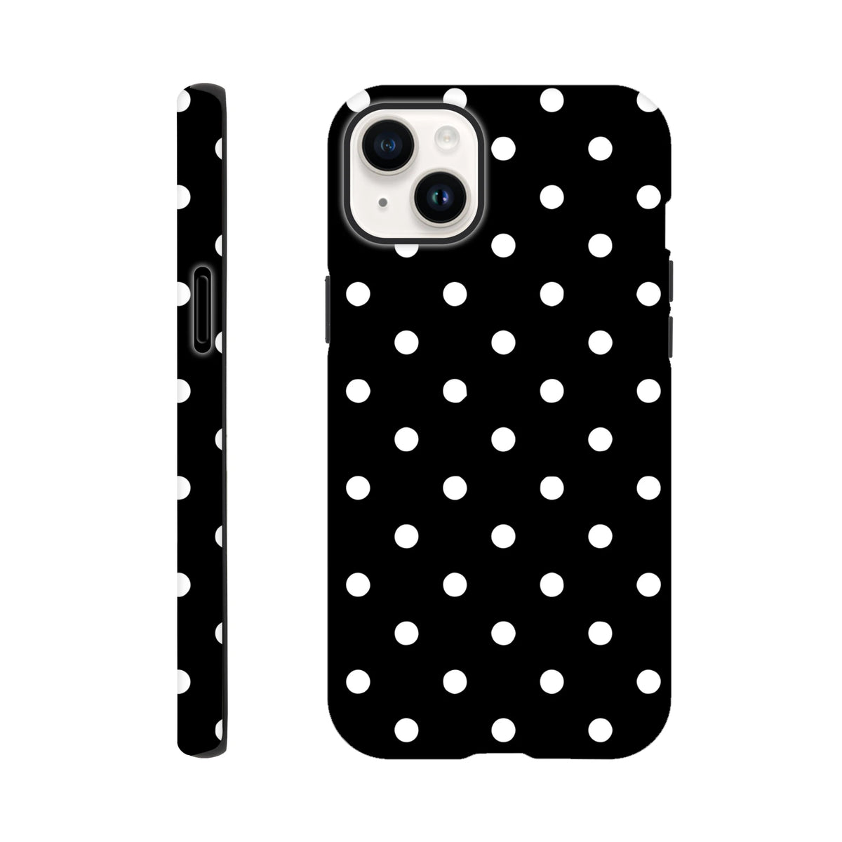 Black and white polka dot tough iPhone case featuring a cute vintage design with shock-absorbing TPU core and durable dual-layer protection.