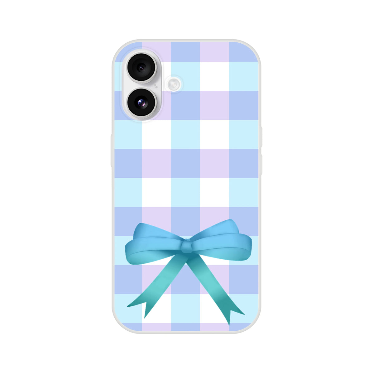Pastel blue gingham iPhone case for iPhone 13-16 with a large blue bow, cute coquette aesthetic.