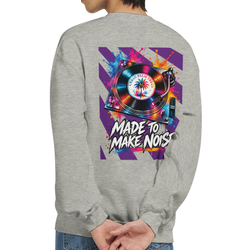 Gray men's sweatshirt back with retro DJ turntable graphic, colorful paint splashes, and "Made To Make Noise" text.