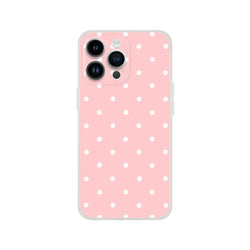 Pastel pink iPhone case with white polka dots. Retro matte finish TPU phone cover providing shock-absorbing defense for iPhone 13-16 models.