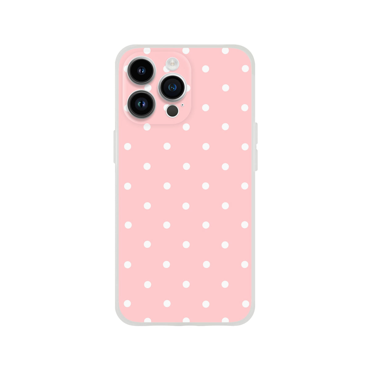 Pastel pink iPhone case with white polka dots. Retro matte finish TPU phone cover providing shock-absorbing defense for iPhone 13-16 models.