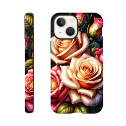 Tough floral iPhone case featuring romantic peach and pink rose botanical art with reinforced protective corners.