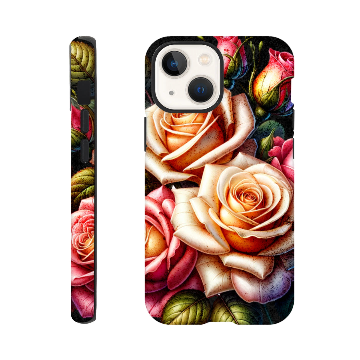 Tough floral iPhone case featuring romantic peach and pink rose botanical art with reinforced protective corners.