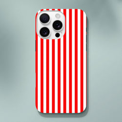 Retro red and white vertical striped tough iPhone case providing rugged protection for daily commutes and active lifestyles.