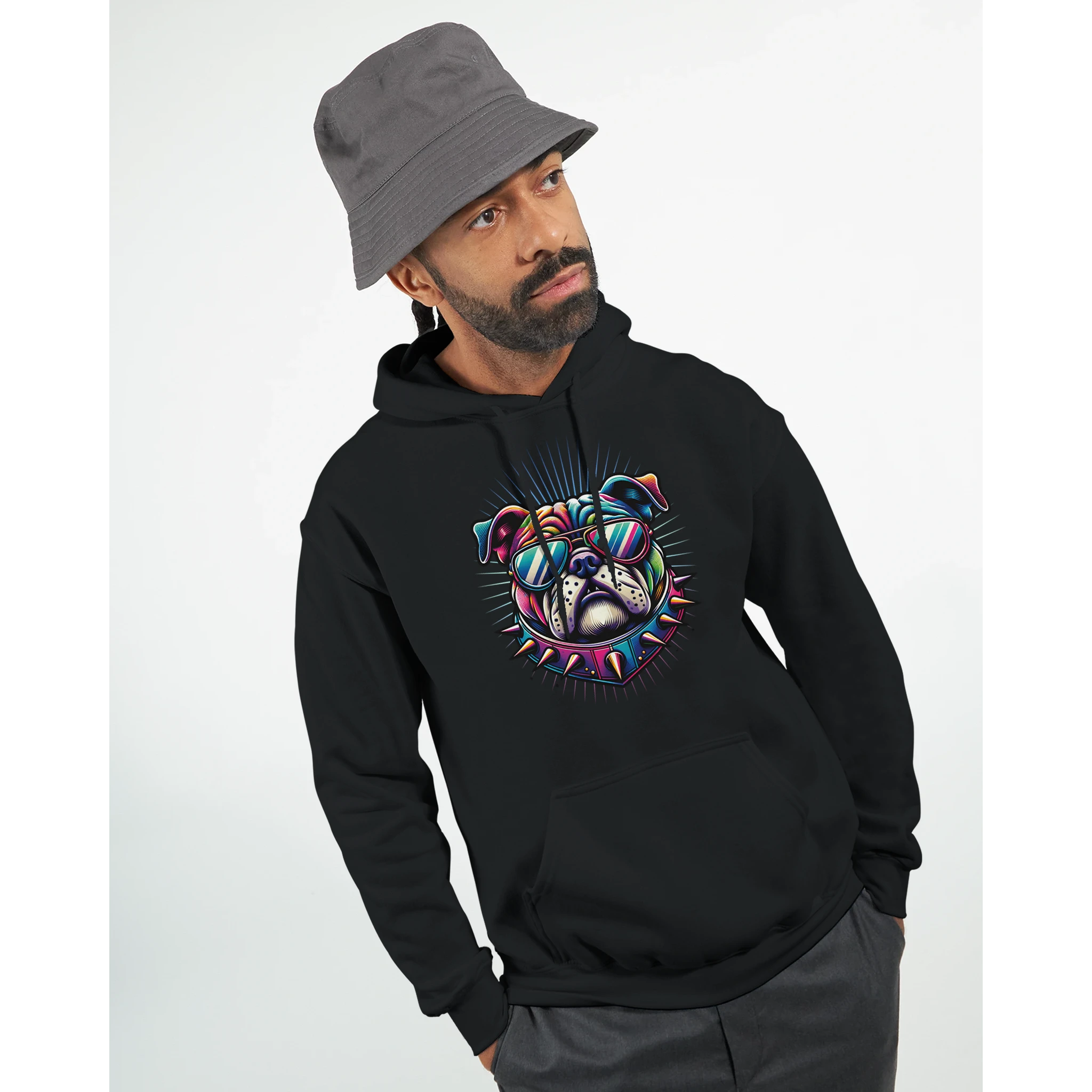 Man wearing black British Bulldog Jumper hoodie with neon bulldog graphic, front pouch pocket, soft cotton blend