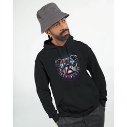 Man wearing black British Bulldog Jumper hoodie with neon bulldog graphic, front pouch pocket, soft cotton blend