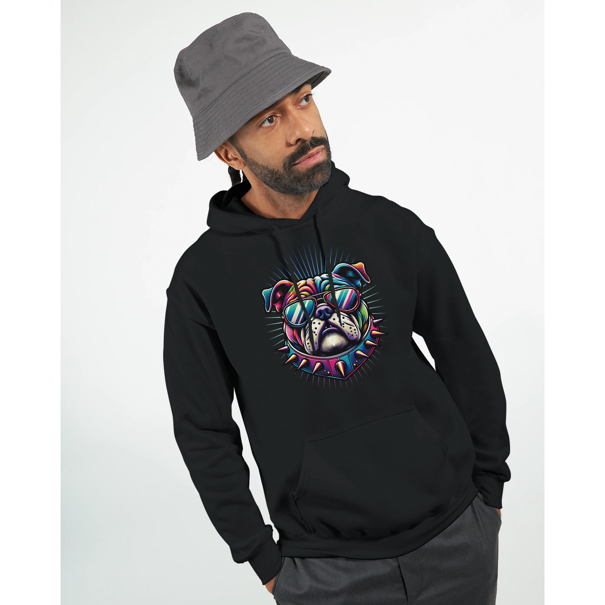 Man wearing black British Bulldog Jumper hoodie with neon bulldog graphic, front pouch pocket, soft cotton blend