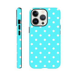 Turquoise & white polka dot tough iPhone case featuring a glossy exterior and shock-absorbing TPU chassis for retro drop protection.