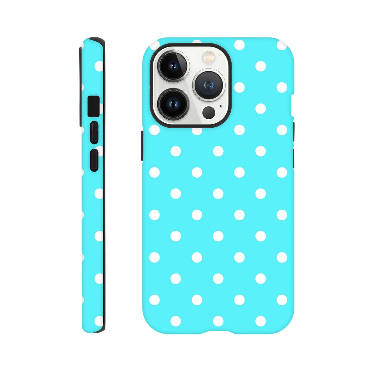 Turquoise & white polka dot tough iPhone case featuring a glossy exterior and shock-absorbing TPU chassis for retro drop protection.