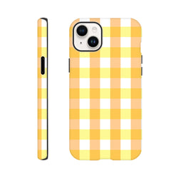 Yellow gingham checkered tough iPhone case featuring a cute retro orange and white grid pattern for secure everyday protection.