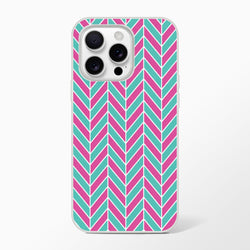 Pink and turquoise herringbone geometric iPhone case with matte finish, designed for iPhone 13-16 models.