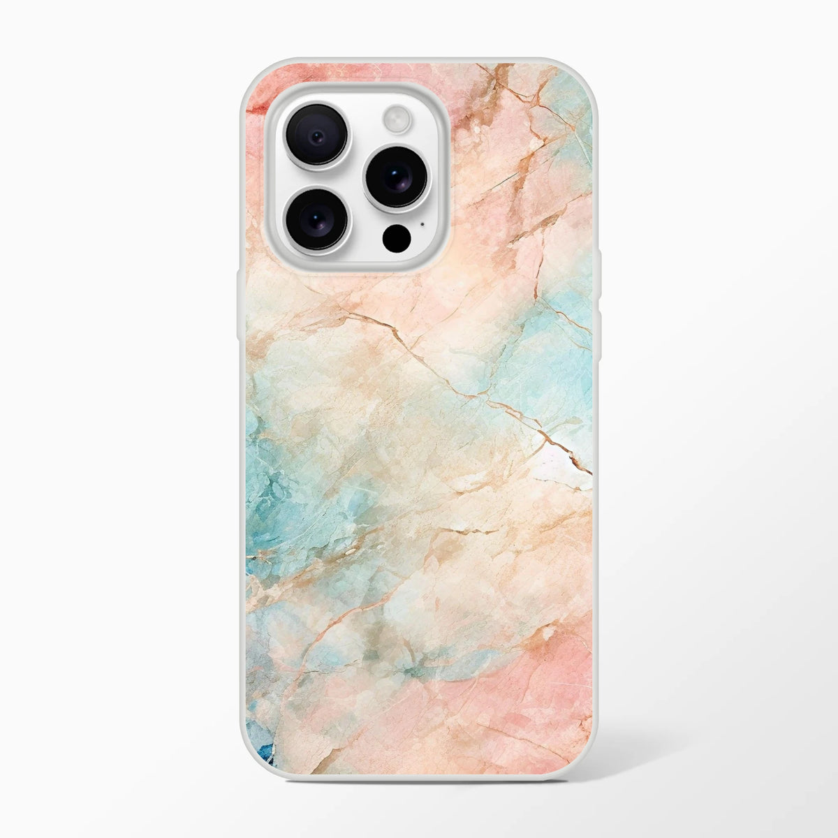Pastel marble Peach & Aqua abstract iPhone case for iPhone 13–16, bold gallery-style phone cover.