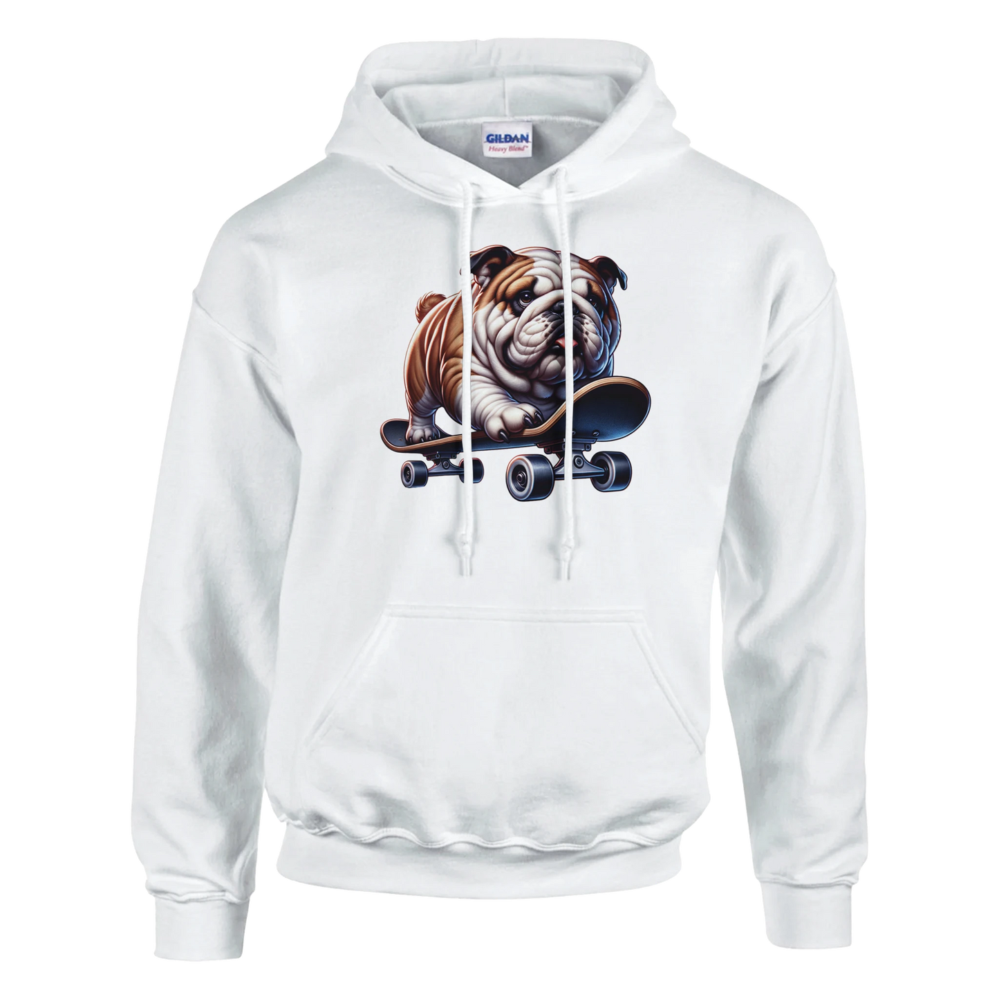 White hoodie featuring a bulldog skateboarding graphic on the front.