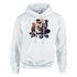 White hoodie featuring a bulldog skateboarding graphic on the front.