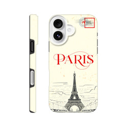 Retro Paris iPhone case with Eiffel Tower sketch, red typography, and vintage travel stamp design for rugged protection.