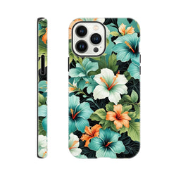 Tropical hibiscus floral iPhone case featuring teal, orange and white flowers with shock-absorbing protection for iPhone 13-16.