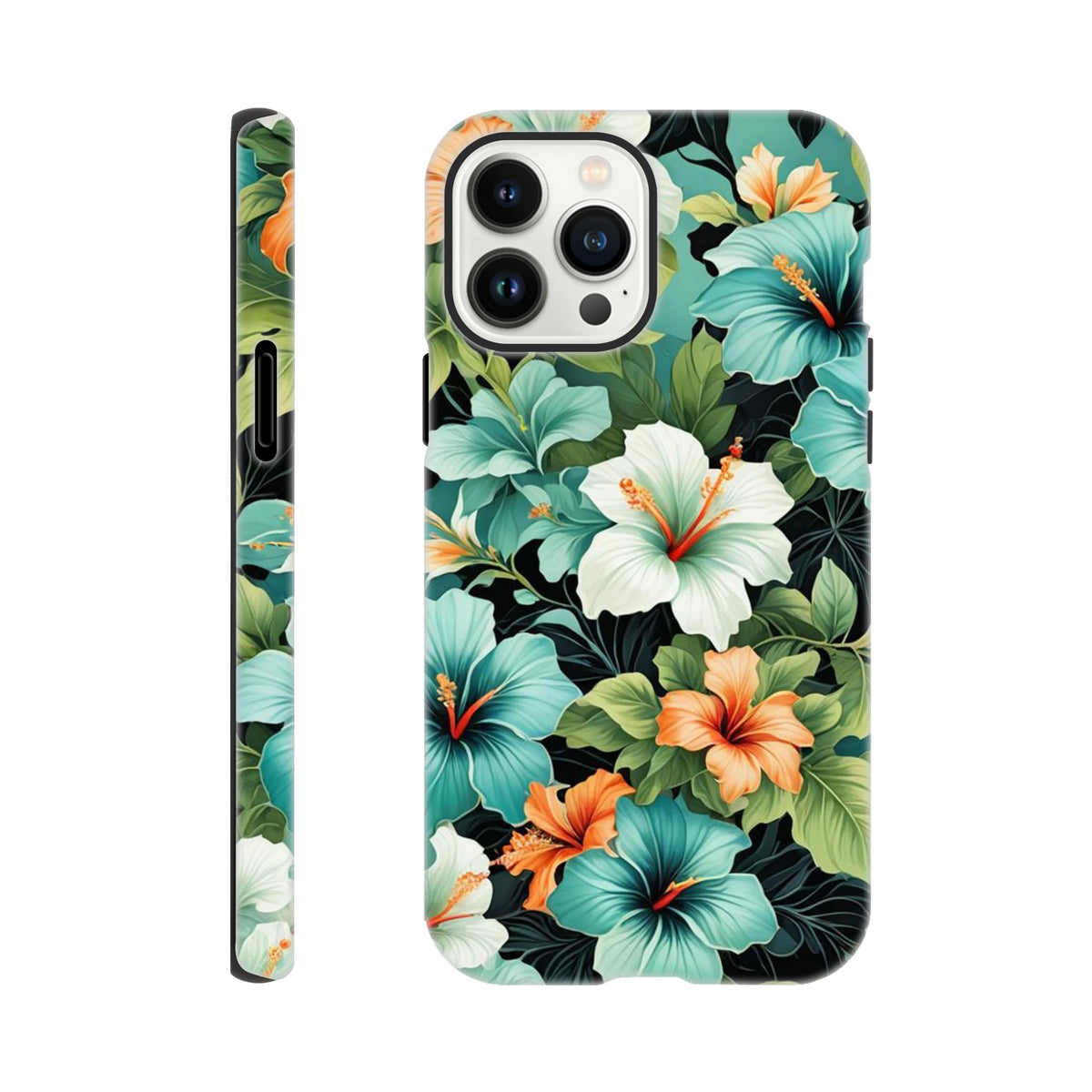 Tropical hibiscus floral iPhone case featuring teal, orange and white flowers with shock-absorbing protection for iPhone 13-16.