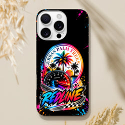 Tough iPhone case featuring a retro street racing design with a tachometer, colorful Urban Palm Trees sunset, and bold Redline text over a black background with paint splatters.