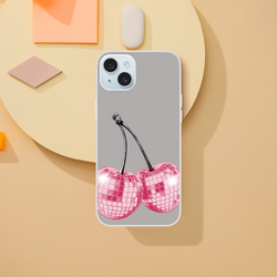 Y2K cherry iPhone case (13-16) with black-stem cherry art and pink plaid cherries on gray