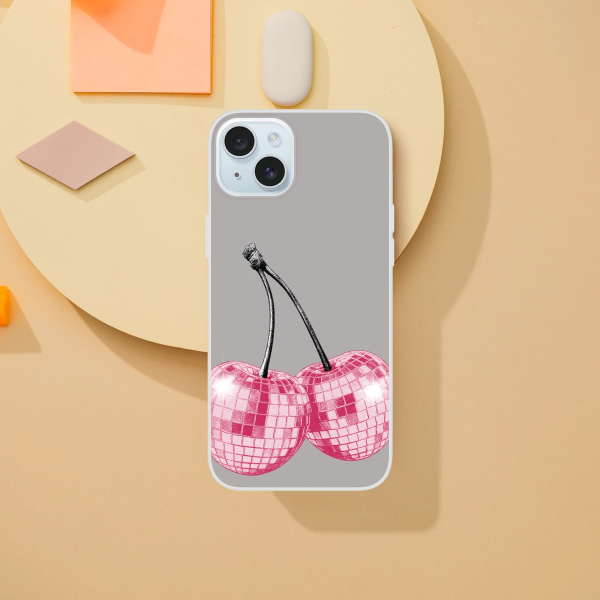 Y2K cherry iPhone case (13-16) with black-stem cherry art and pink plaid cherries on gray