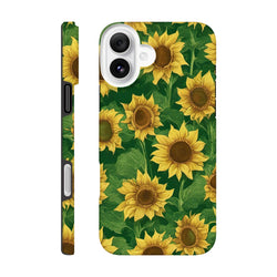 Tough iPhone case featuring a vibrant wraparound sunflower print with green leaves for everyday drop protection and floral style.