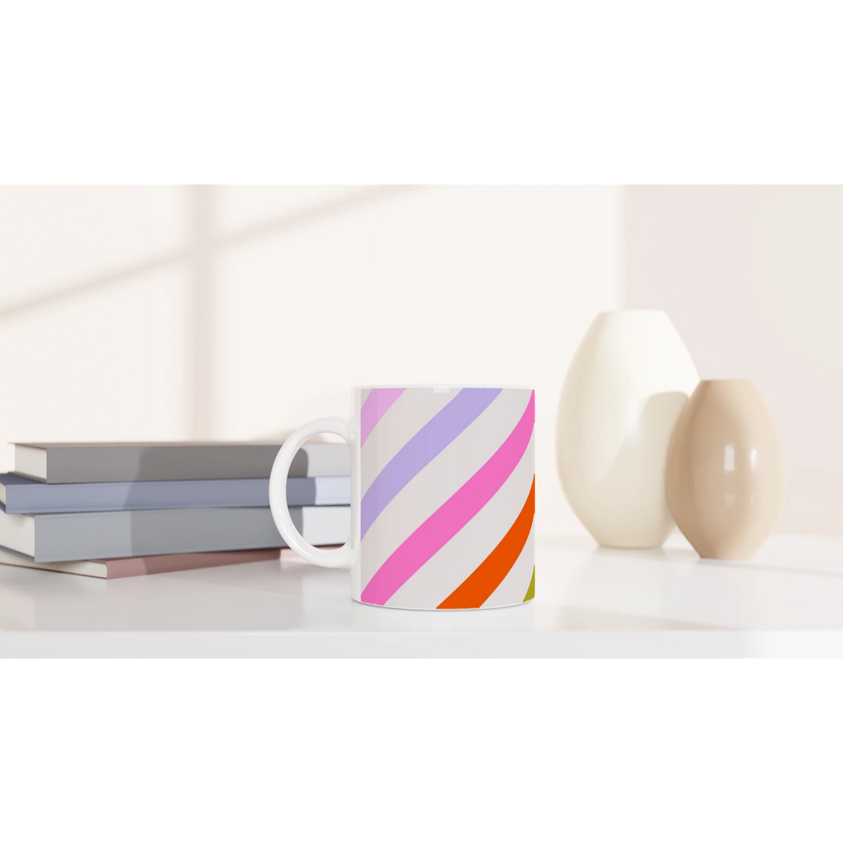 Pastel diagonal stripe ceramic mug with rainbow colors, ideal for coffee or tea at home, office, or dorm.