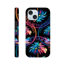 Vibrant Urban Palm Trees iPhone case features colorful tropical streetwear art on a black background with wraparound print design.