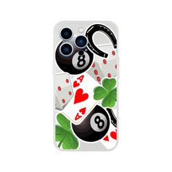 Transparent iPhone case featuring lucky charm graphics with 8 ball, horseshoe, four-leaf clover, and Ace of Hearts design.