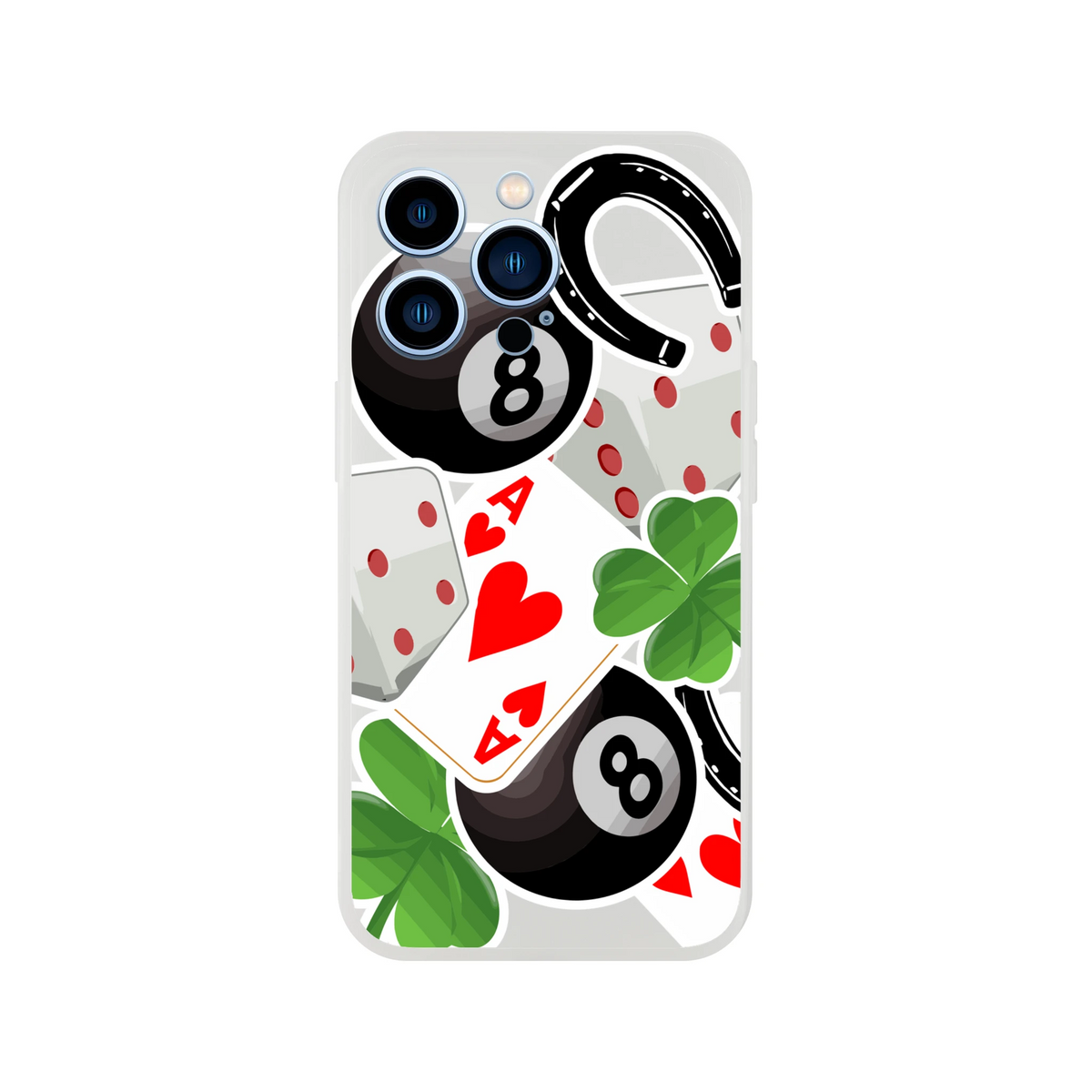 Transparent iPhone case featuring lucky charm graphics with 8 ball, horseshoe, four-leaf clover, and Ace of Hearts design.