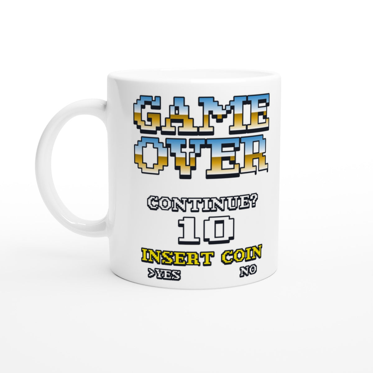 90s arcade mug with pixel GAME OVER, CONTINUE? 10, INSERT COIN on glossy white ceramic coffee cup