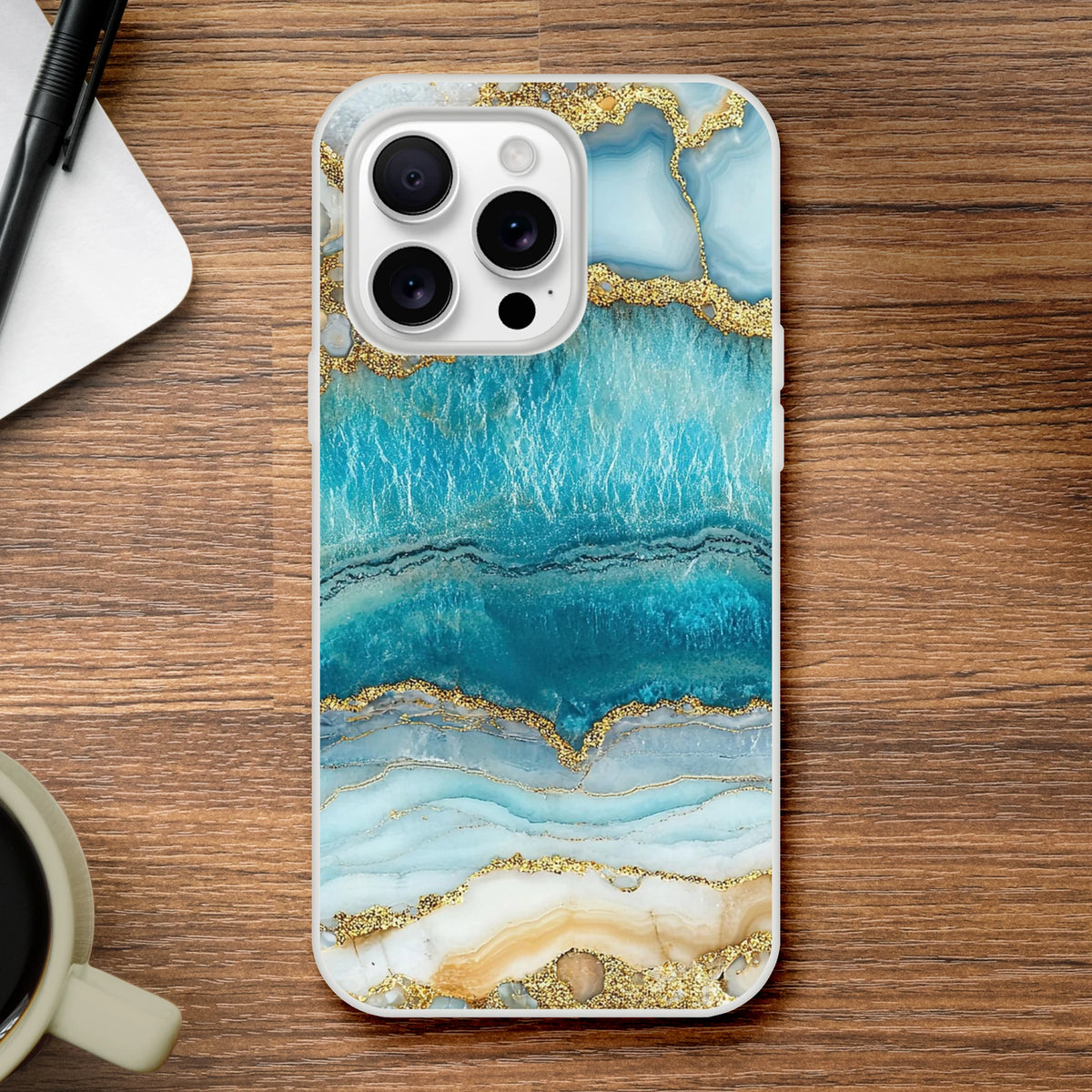 Blue & gold marble Ocean Agate iPhone case for iPhone 13–16; slim, matte finish with vibrant print.