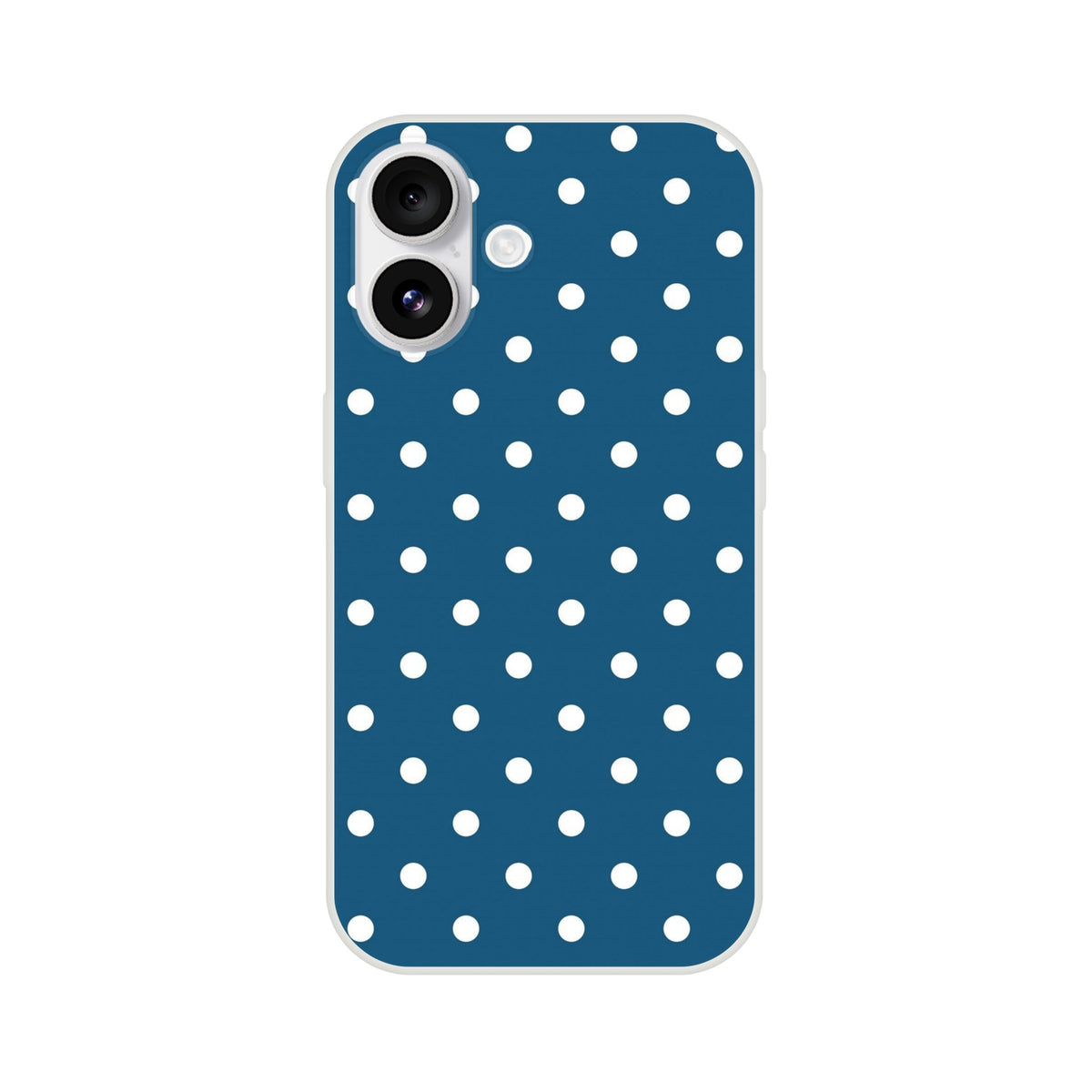 Retro navy blue and white polka dot iPhone phone case with matte finish for drop protection.