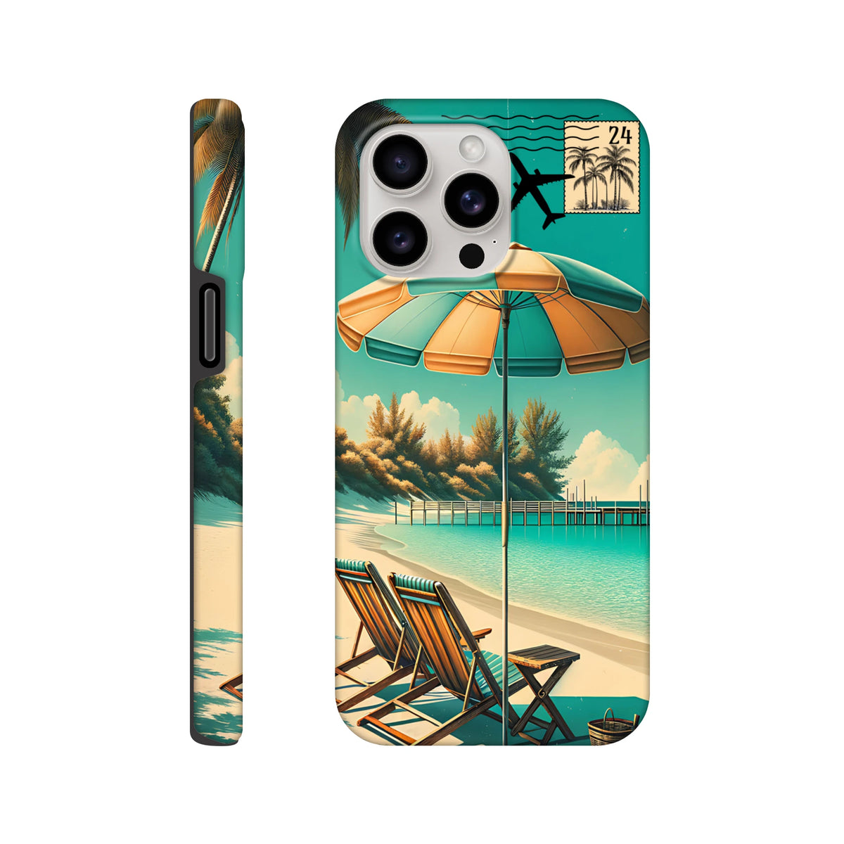 Vintage beach iPhone case with retro beach umbrella, deck chairs, wooden pier, and travel stamp design on teal background.