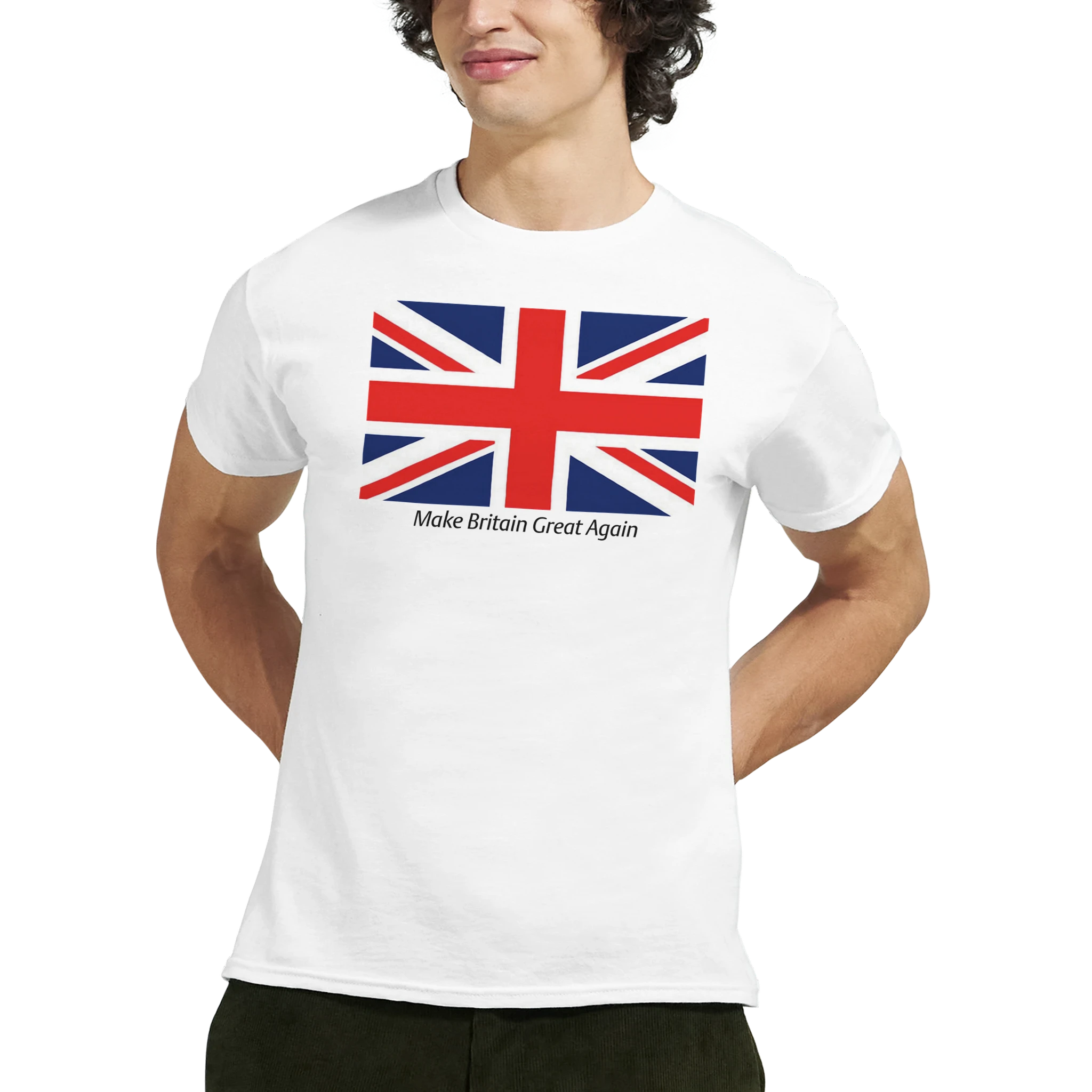 Union Jack flag graphic on white men's T-shirt in heavyweight cotton blend with 'Make Britain Great Again' slogan.