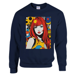 Navy sweatshirt featuring retro pop art graphic of a red-haired comic book woman with colorful geometric background. Vintage street style jumper.