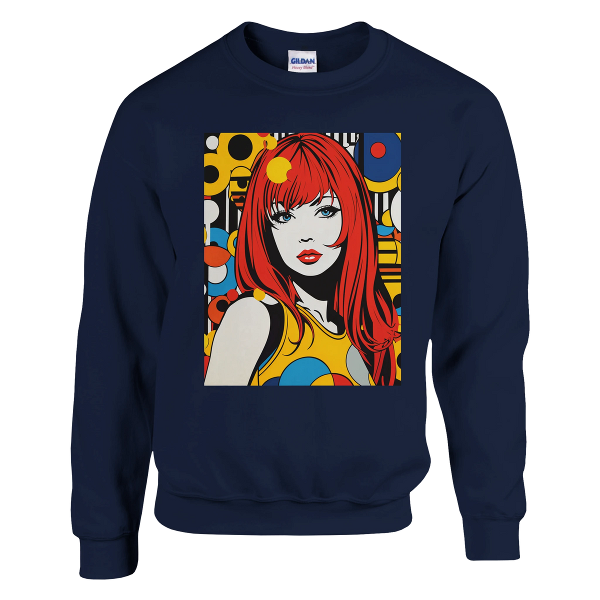 Navy sweatshirt featuring retro pop art graphic of a red-haired comic book woman with colorful geometric background. Vintage street style jumper.