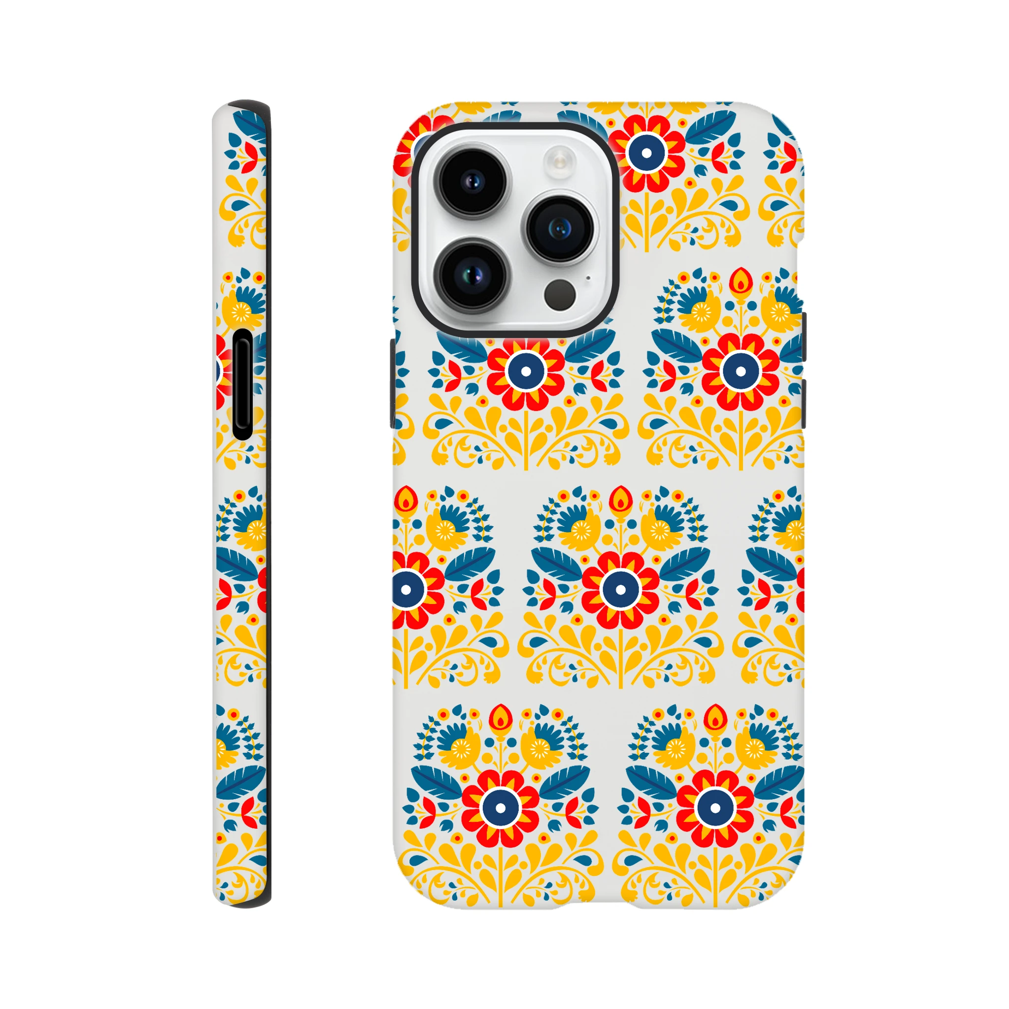 Floral wraparound print on back and sides; dual-layer tough protective iPhone case for 16/15/14/13 with glossy finish