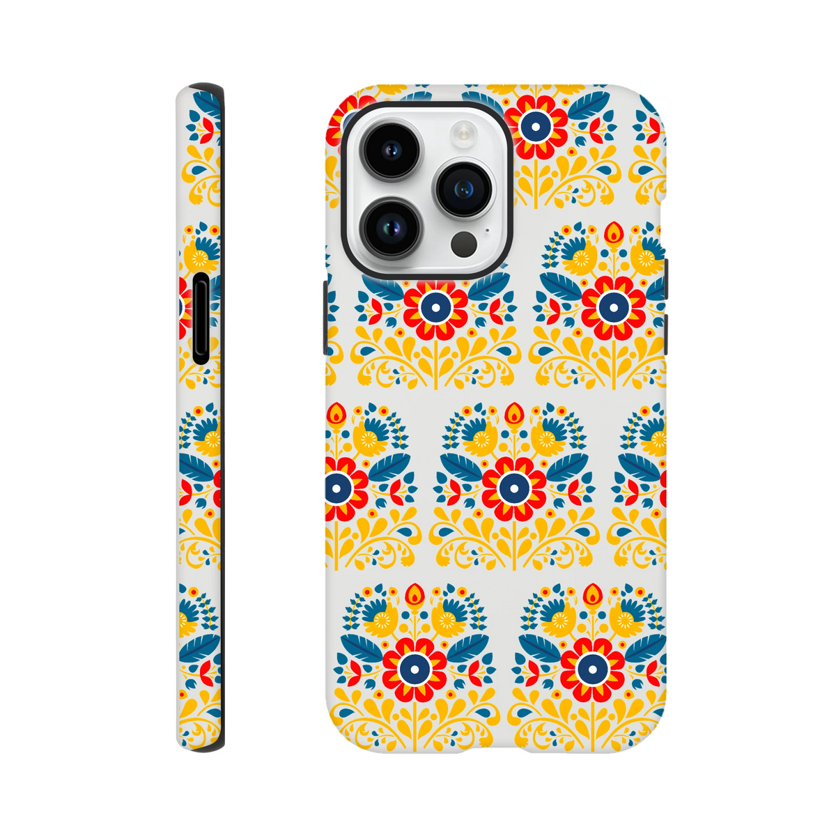 Floral wraparound print on back and sides; dual-layer tough protective iPhone case for 16/15/14/13 with glossy finish
