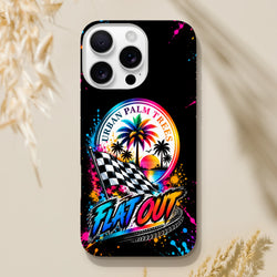 Black iPhone case with vibrant "Flat Out" petrolhead design, checkered flag, and Urban Palm Trees sunset graphic.