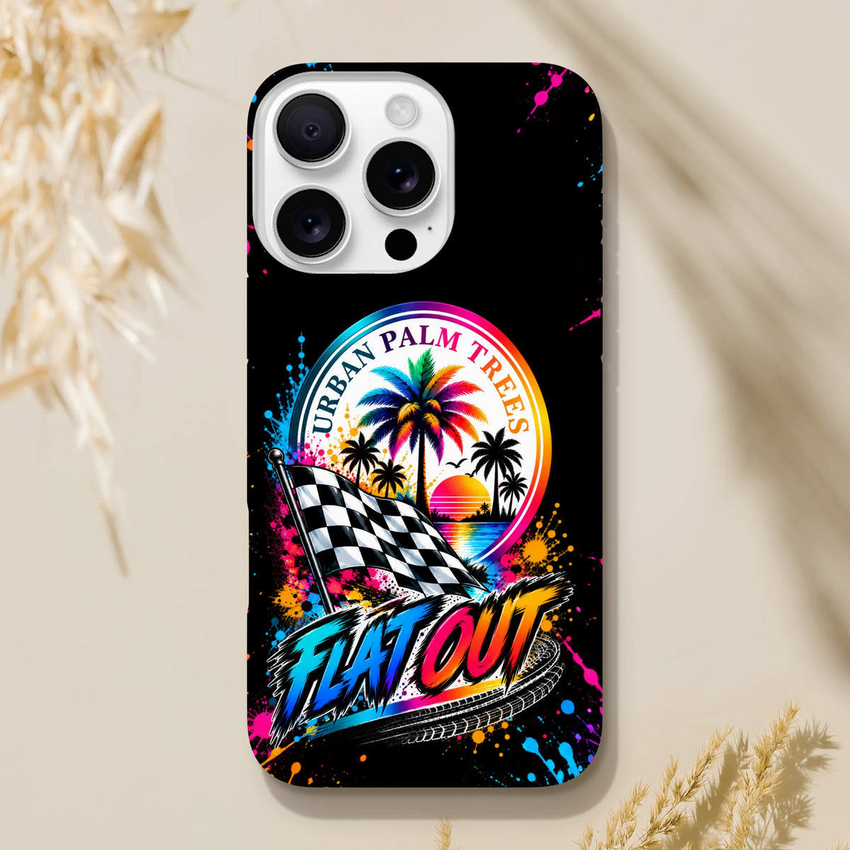 Black iPhone case with vibrant "Flat Out" petrolhead design, checkered flag, and Urban Palm Trees sunset graphic.